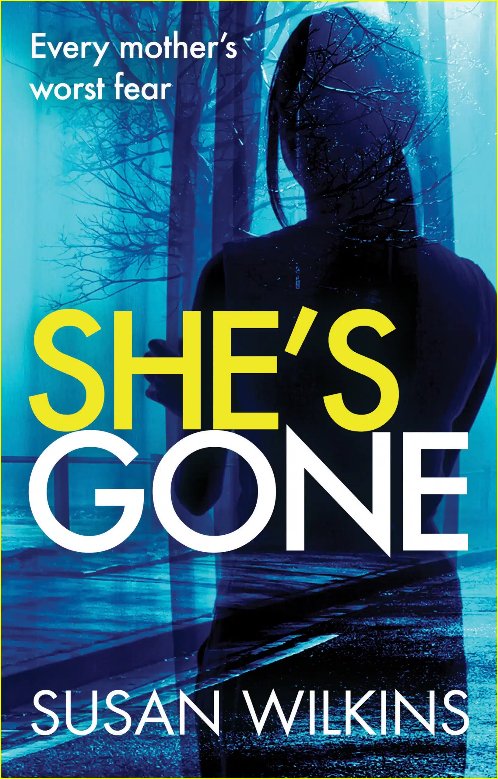 Image of book cover She's Gone by Susan Wilkins. A lone female figure standing at a large window looking out onto a dark street.